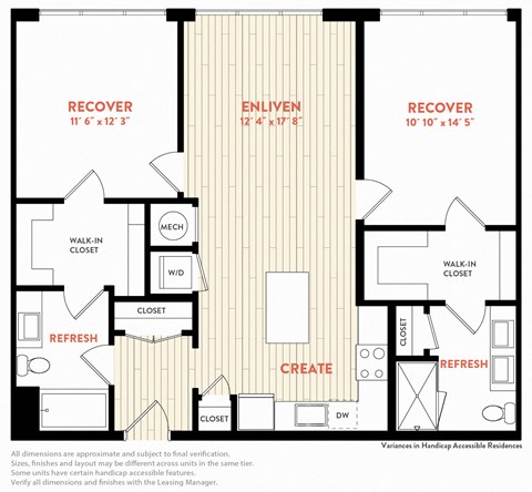 Floor plan for 2 beds, 2 baths, 1080 sqft